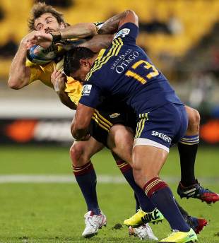 Conrad Smith of the Hurricanes is hit hard by Malakai Fekitoa, Hurricanes v Highlanders, Super Rugby, Westpac Stadium, Wellington, May 16, 2014