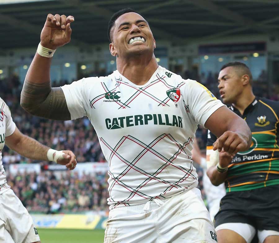 Leicester's Manu Tuilagi celebrates their first try