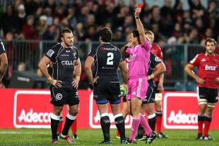 The Sharks' Jean Deysel is red carded by referee Rohan Hoffmann, Crusaders v Sharks, Super Rugby, AMI Stadium, Christchurch, May 17, 2014
