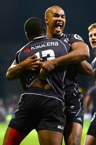 The Sharks' JP Pietersen and Sibusiso Sithole celebrate a try, Crusaders v Sharks, Super Rugby, AMI Stadium, Christchurch, May 17, 2014