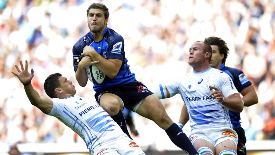 Montpellier's Pierre Berard claims the ball
