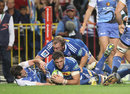 Ruan Botha of the Stormers crashes over for a try