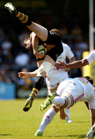 Andrea Masi falls awkwardly after an aerial challenge with David Lyons,  Wasps v Stade Francais Paris, European Rugby Champions Cup play-off first leg, Adams Park, May 18, 2014