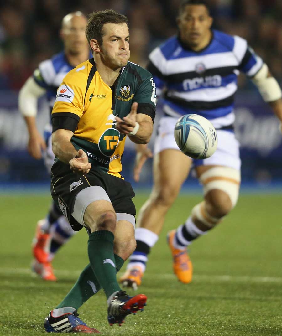 Northampton's Stephen Myler spins the ball out