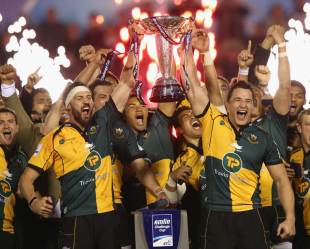 Northampton hold aloft the Amlin Challenge Cup, Bath Rugby v Northampton Saints, Amlin Challenge Cup Final, Cardiff Arms Park, May 23, 2014