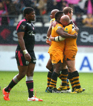 Wasps celebrate victory in Paris,  Stade Francais Paris v London Wasps, European Rugby Champions Cup Play-off,  Stade Jean-Bouin, Paris, May 24, 2014