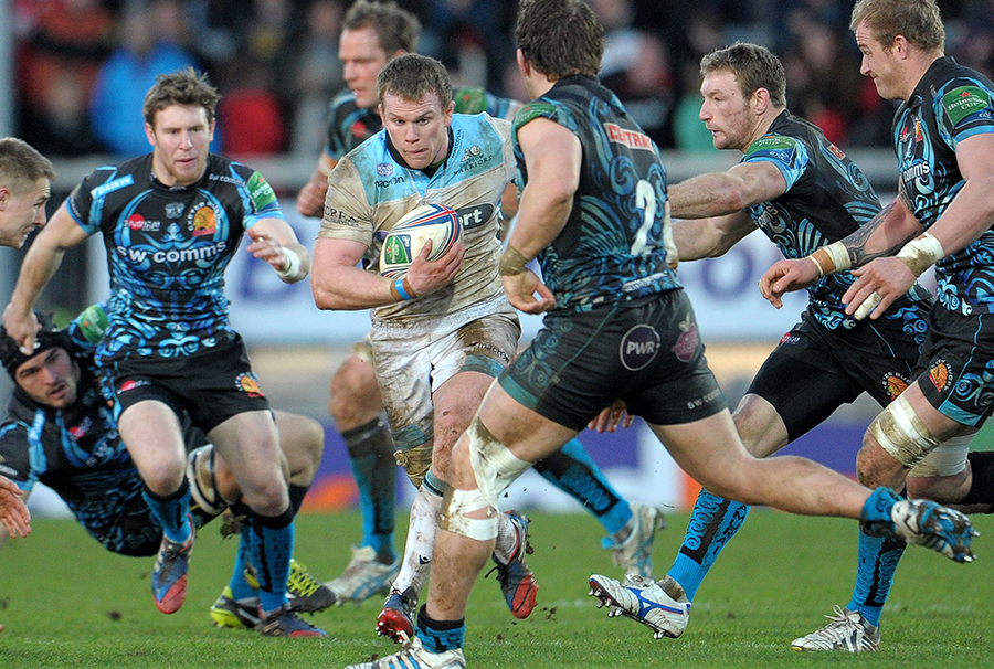 Glasgow Warriors' Chris Fusaro charges through the Exeter tacklers