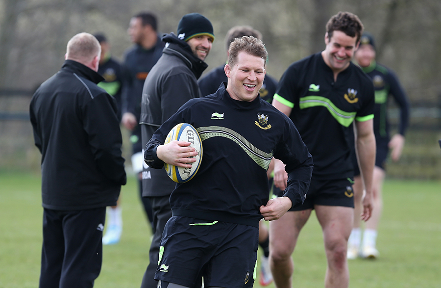 Dylan Hartley sees the lighter side in training for Northampton
