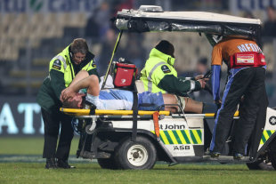Angus Cottrell of the Western Force is stretchered off after breaking his leg, Crusaders v Force, Super Rugby, AMI Park, Christchurch