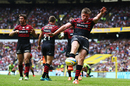 Owen Farrell injures himself as he kicks the ball in celebration of a try that was later disallowed