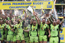 Dylan Hartley and his Northampton Saints team-mates celebrate after winning the Aviva Premiership final
