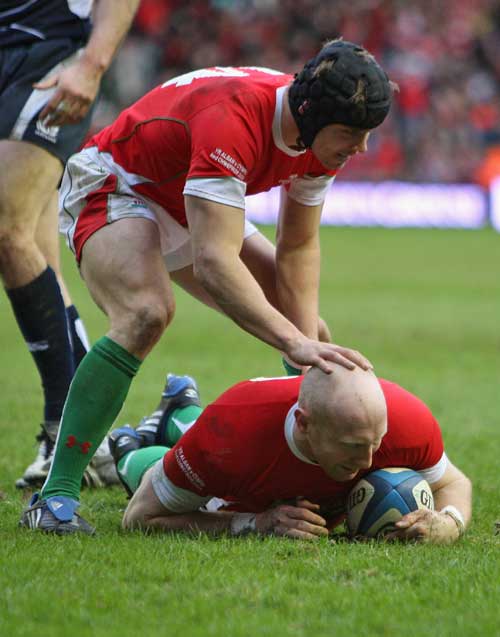 Wales' Tom Shanklin touches down for a try