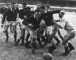 Wales' Norman Gale holds off England's John Thorne as Denzil Williams goes for the ball, Wales v England, Arms Park, Cardiff, Wales, January 20, 1963