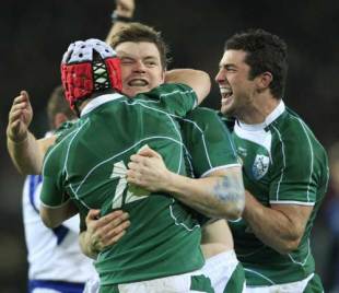 Ireland's Brian O'Driscoll celebrates with team mates Pady Wallace and Rob Kearney, Ireland v France, Six Nations Championship, Croke Park, Dublin, Ireland, February 7, 2009
