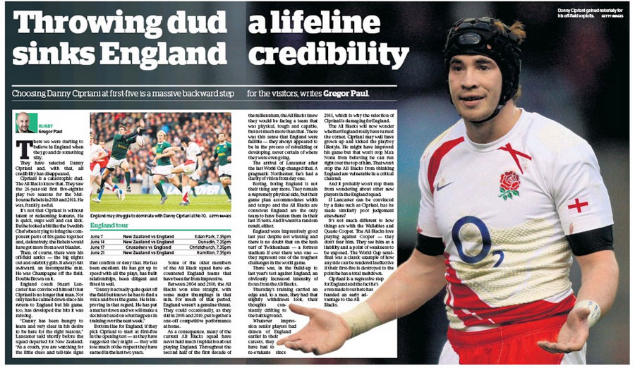 The <I>Herald on Sunday</I>piles into Danny Cipriani, June 1, 2014