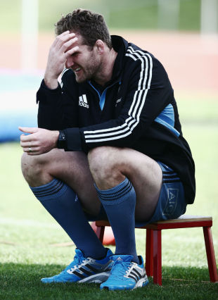Kieran Read, sidelined with concussion, takes a stool during training, Auckland, New Zealand, June 3, 2014