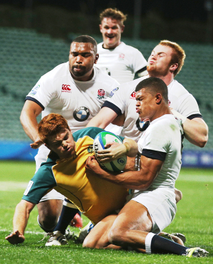 England are powerless to stop Andrew Kellaway from crossing for a try at the IRB Junior World Championships, England v Australia, IRB Junior World Championships, QBE Stadium, Auckland, June 6, 2014