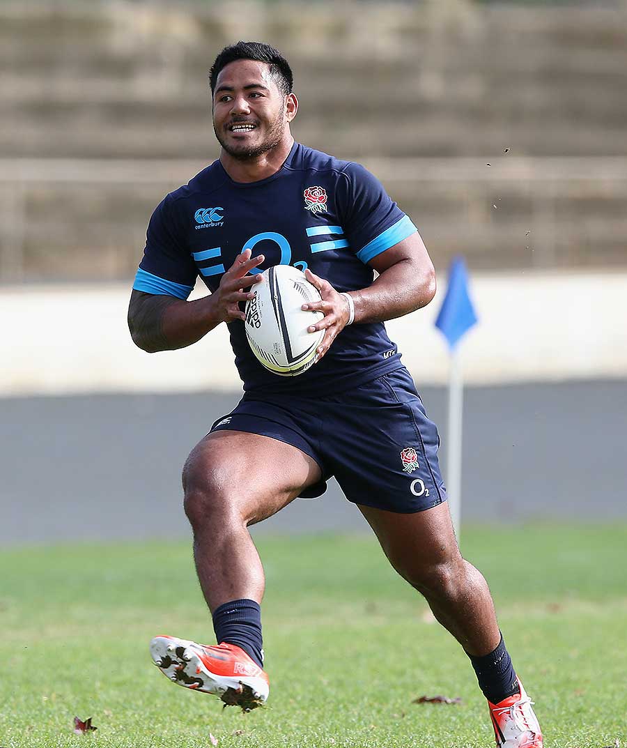 England's Manu Tuilagi runs with the ball during training at Ponsonby Rugby Club