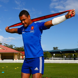 Thierry Dusautoir stretches during training, Brisbane, June 12, 2014