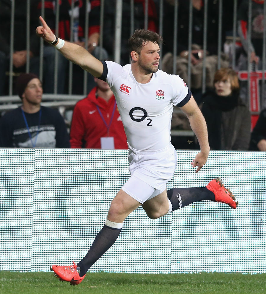 Ben Foden celebrates his try which came as a result of a clever piece of skill 