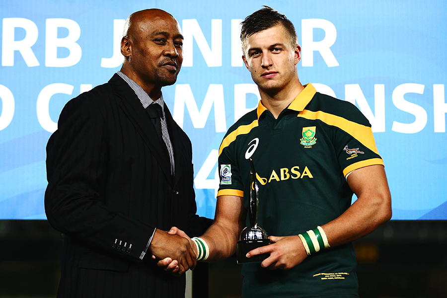 Jonah Lomu presents Handre Pollard of South Africa with the IRB Junior Player of the Year award, England v South Africa, Junior World Championship Final, Eden Park, Auckland, June 20, 2014