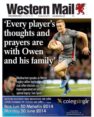 The <I>Western Mail</I> front page after the extent of Owen Williams' injury became known, June 26, 2014