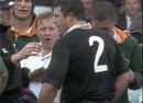 An angry Sean Fitzpatrick remonstrates with the referee after being bitten by Johan Le Roux