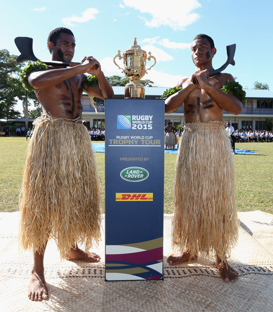 The Webb Ellis Cup is welcomed in Fiji as part of its global trek ahead of the 2015 Rugby World Cup