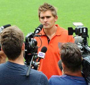 Toulouse's new recruit Toby Flood faces the local media, Ernest Wallon Stadium, July 1, 2014