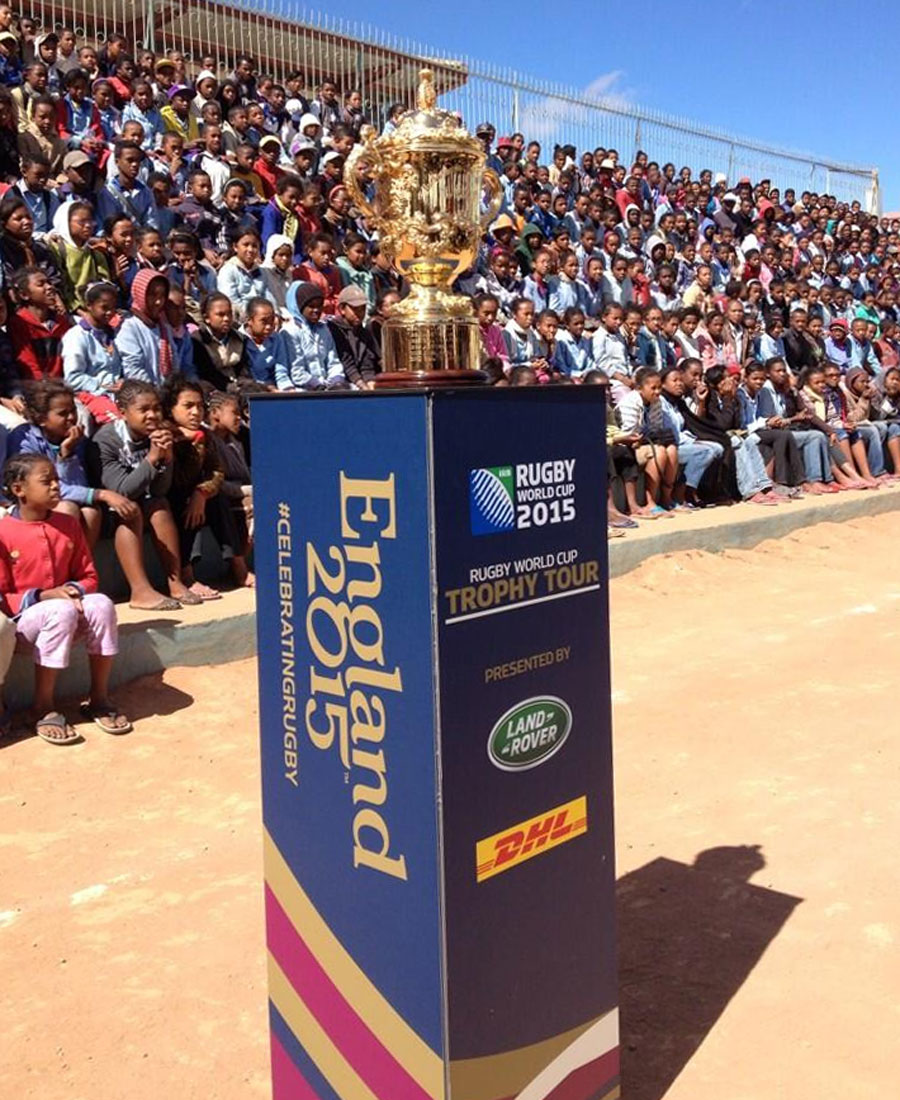 Thousands of children sing to welcome the Webb Ellis Cup to Madagascar