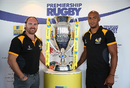 Andy Goode and Tom Varndell of Wasps pose with the Premiership trophy 