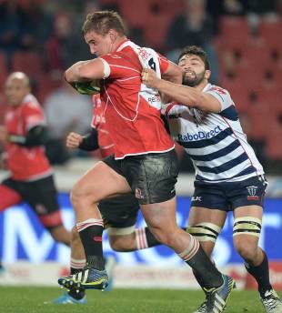 Ruan Dreyer of the Lions proves a handful for Coly Fainga'a, Lions v Rebels, Super Rugby, Ellis Park, July 4, 2014 