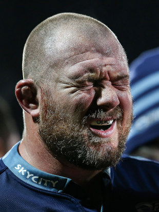 The Blues' Tony Woodcock grimaces in pain, Crusaders v Blues, Super Rugby, AMI Stadium, Christchurch, July 5, 2014