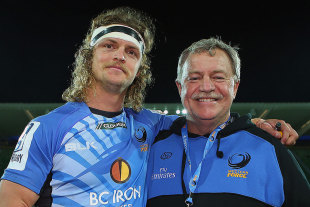 Nick Cummins poses with his terminally-ill father, Mark, Western Force v Queensland Reds, Super Rugby, nib Stadium, Perth, July 5, 2014