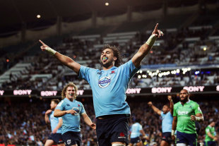 New South Wales Waratahs' Jacques Potgieter celebrates scoring a try, New South Wales Waratahs v Highlanders, Super Rugby, Allianz Stadium, Sydney, July 6, 2014