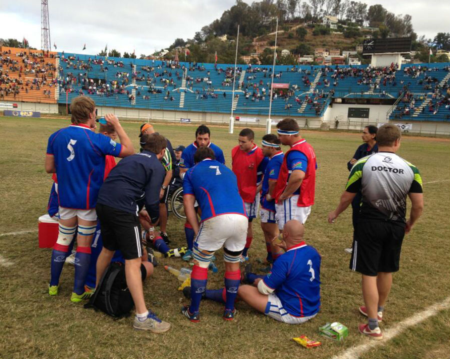 Namibia's players take a break with a 63-0 lead at half-time