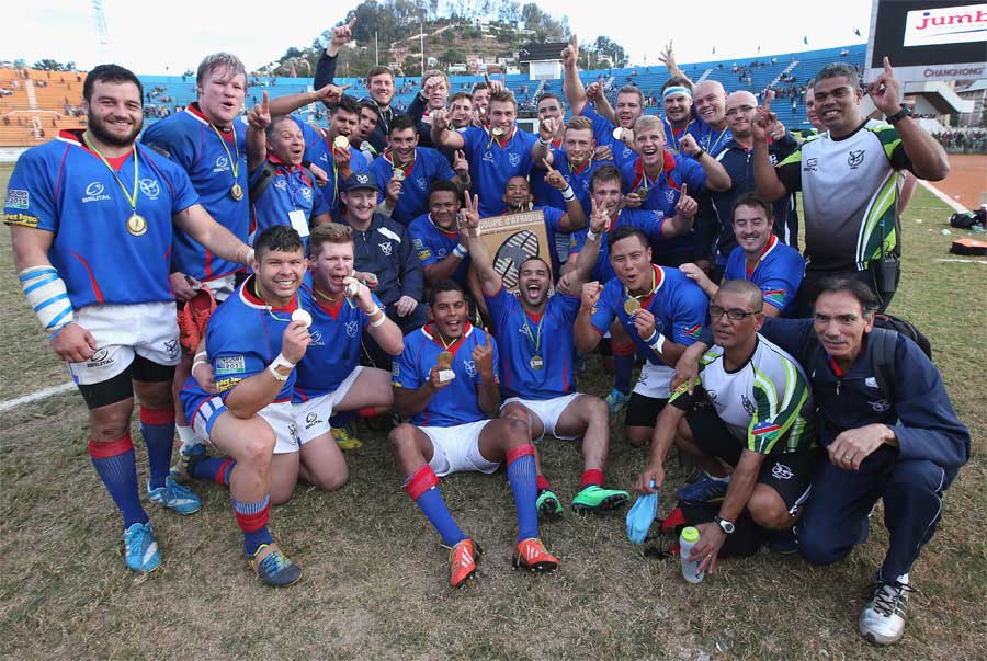 Namibia celebrate their qualification for the 2015 Rugby World Cup