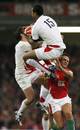 England fullback Delon Armitage claims a high ball against Wales