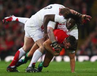 England's Phil Vickery and Paul Sackey tackle Wales' Lee Byrne, Wales v England, Six Nations Championship, Millennium Stadium, Cardiff, Wales, February 14, 2009
