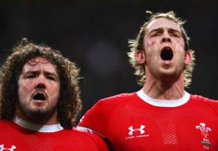Wales Alun-Wyn Jones (R) and Adam Jones sing the national anthem, Wales v England, Six Nations Championship, Millennium Stadium, Cardiff, Wales, February 14, 2009