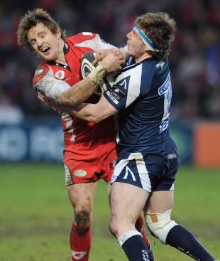 Gloucester's Rory Lawson is tackled by Sale's Neil Briggs, Gloucester v Sale, Guinness Premiership, Kingsholm, Gloucester, England, February 14, 2009
