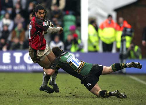 Saracens' Noach Cato is tackled by Paul Diggin