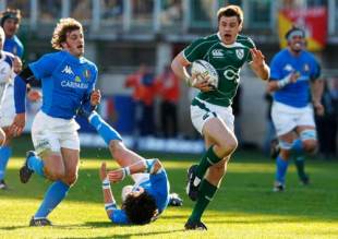 Tommy Bowe races clear to score for Ireland, Italy v Ireland, Six Nations Championship, Stadio Flaminio, Rome, Italy, February 15, 2009