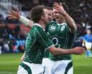 Ireland's Luke Fitzgerald is congratulated by his team mates after scoring a try