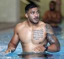 New Zealand's Pita Ahki recovers from a training session