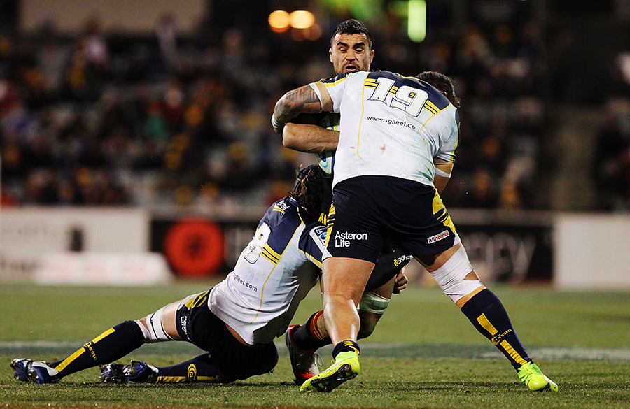 Liam Messam is crunched in the tackle