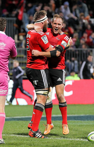 The Crusaders' Kieran Read and Andy Ellis celebrate the back-rower's try, Crusaders v Sharks, Super Rugby, AMI Stadium, July 26, 2014