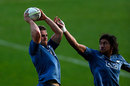 New Zealand's Sam Cane and Steven Luatua work in a lineout drill