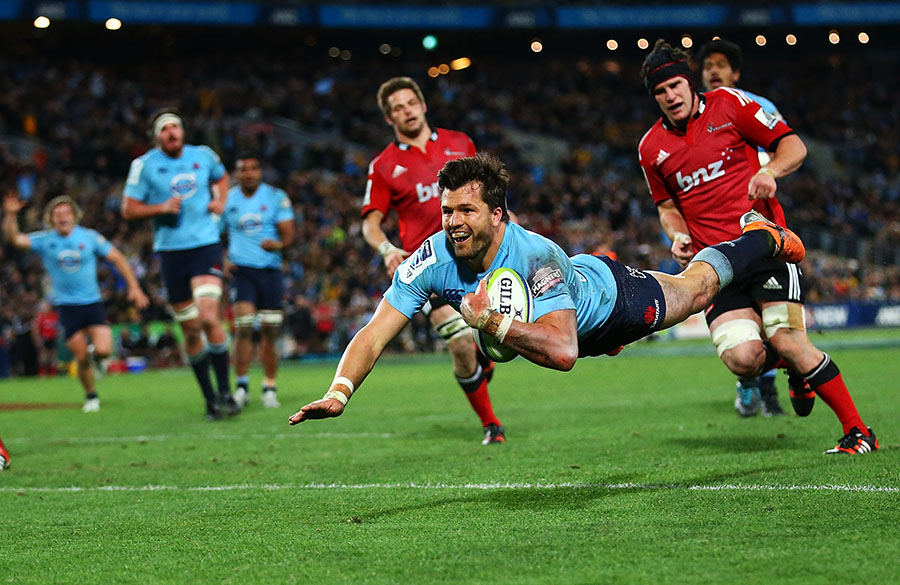 Smile for the camera! Adam Ashley-Cooper dives over for his second try of the night, Waratahs v Crusaders, Super Rugby Grand Final, ANZ Stadium, Sydney, Australia, August 2, 2014