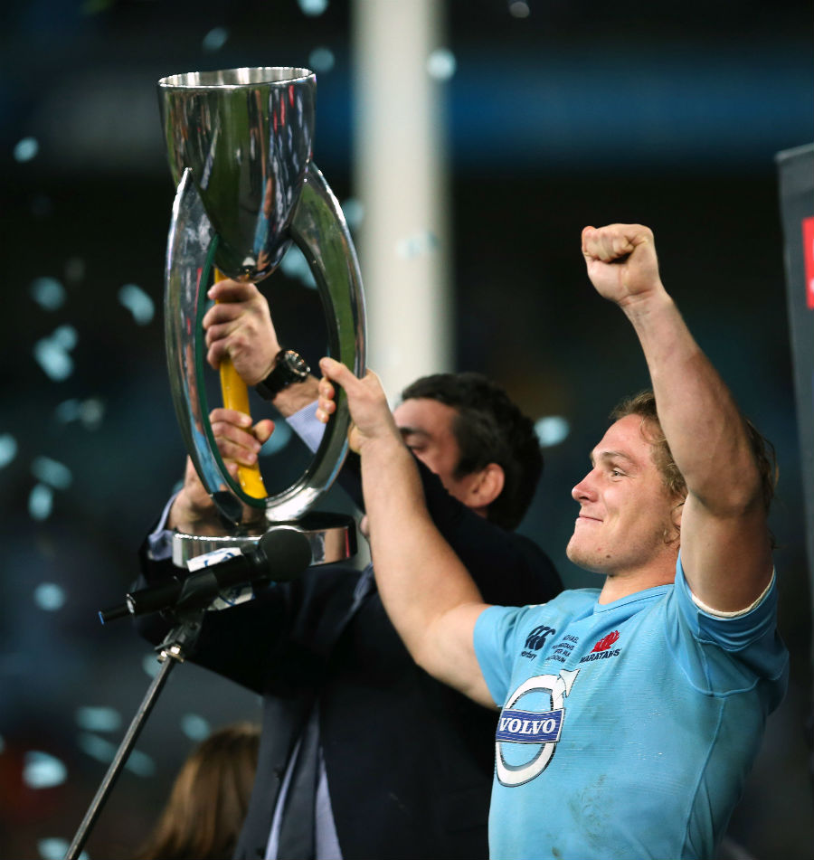Waratahs' Michael Hooper lifts the Super Rugby trophy